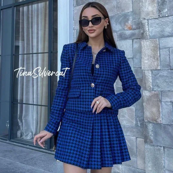 BLOGGER'S FAVE! Zara 2 Piece Co-ord Houndstooth Blazer And Skort Set Blue NWT